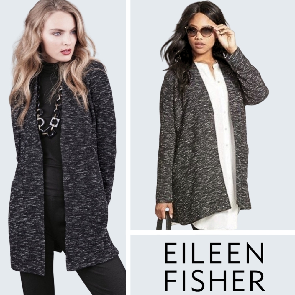 Eileen Fisher Micro Tweed Knit Open Front Jacket Italian Fabric Long Sleeve Sz S